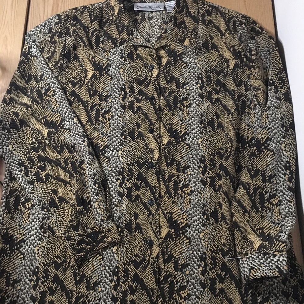 New Womens Lightweight Black Tan Snakeskin Button Up Blouse Size 16